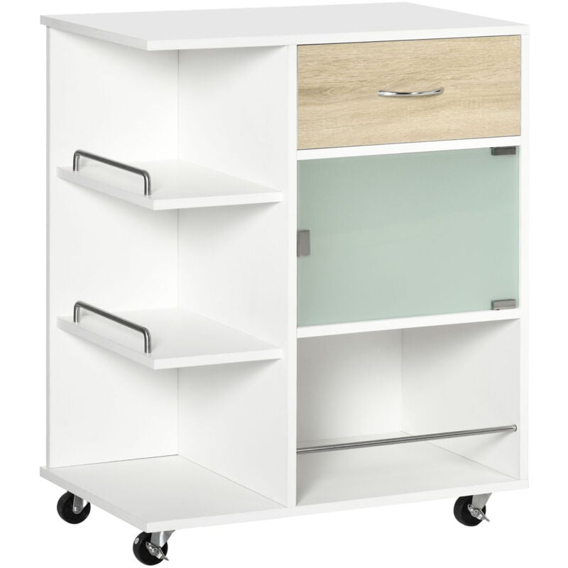 Desserte de cuisine style contemporain - 3 étagères, niche, porte verre, tiroir - blanc effet bois naturel