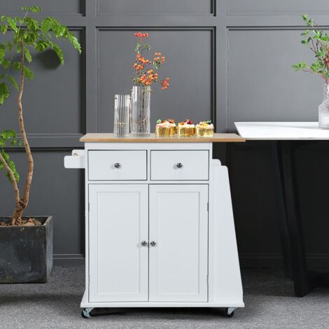 Desserte de Cuisine sur Roulettes avec Plateau en Bois d'hévéa îlot Chariot de Service avec Porte-épices et Tiroirs Blanc Maison Chic