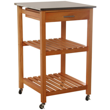 Desserte de Cuisine sur Roulettes en Bois Plateau Inox 1 Tiroir + 2 Étagères