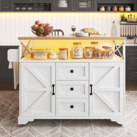 Desserte de cuisine sur roulettes-table pliante-éclairage LED-intégré-étagères snack-bar mobile îlot-120x42/71,5x98cm