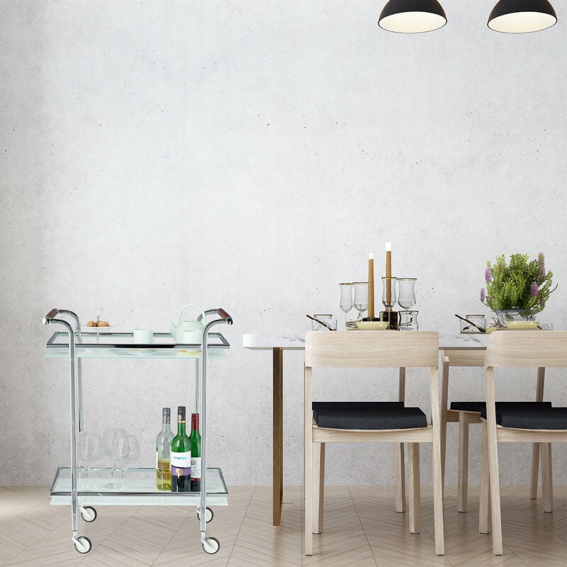 Chariot de Service Acier Table Roulante roulettes 2 /étages Argent Desserte de Cuisine Verre Opale Relaxdays 85x66x43 cm 85 x 66 x 43 cm