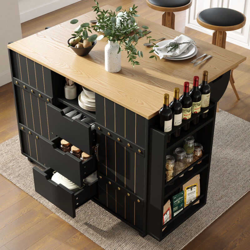 Desserte de cuisine110×42/70×90 cm, avec roulettes, plan de travail rabattable, 2 portes et 3 tiroirs, meuble cuisine, MDF, noir