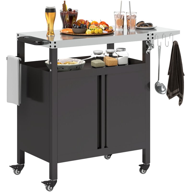 Desserte de jardin desserte plancha barbecue - 2 portes, tablette pliable, 3 crochets - acier noir acier inox