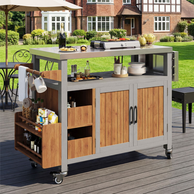 Desserte de jardin mobile 100-138x47x92 cm, tablette latérale extensible, plan inox, 3 crochets, bois naturel