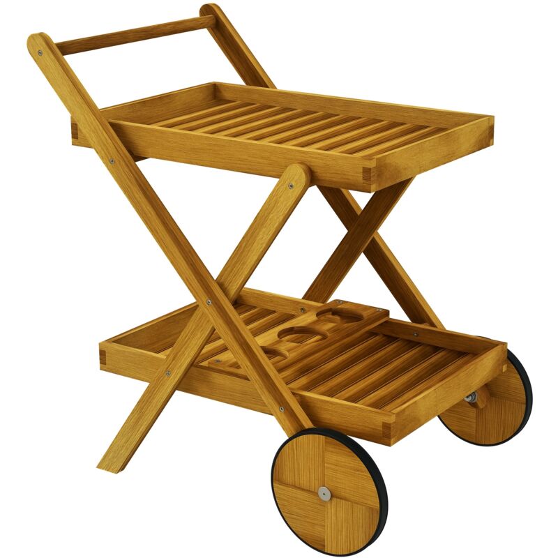 Desserte de jardin plateau étagère 3 porte-bouteilles 2 roues bois d'acacia verni