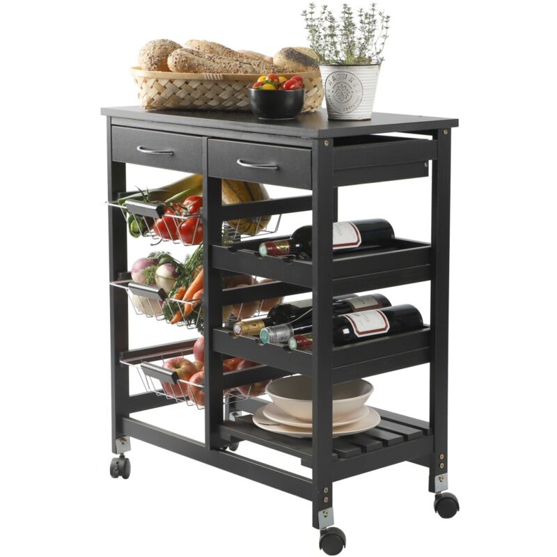 Meublorama - Desserte de rangement noire sur roulettes – 2 tiroirs et 3 étagères, dimensions 65x35x76 cm