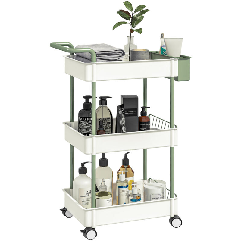 Homcom - Desserte de salle de bain 3 étagères + rangement 4 compartiments acier pp blanc vert