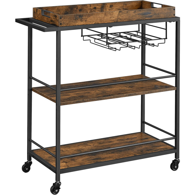 Vasagle - Desserte de Style Industriel, Chariot de Cuisine, avec Plateau Amovible, avec Pieds Réglables et Roulettes, Étagère, Cadre en Acier, 40 x