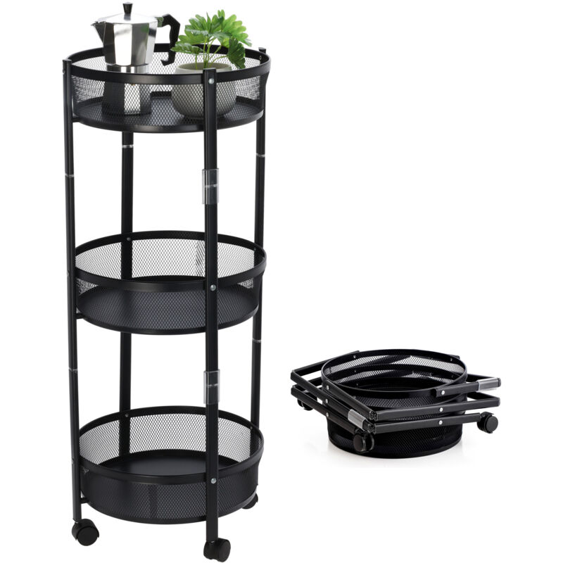 Desserte en métal noire ronde avec 3 étagères pliables - 88 x 37 cm - Desserte de cuisine pliable avec 3 paniers de rangement