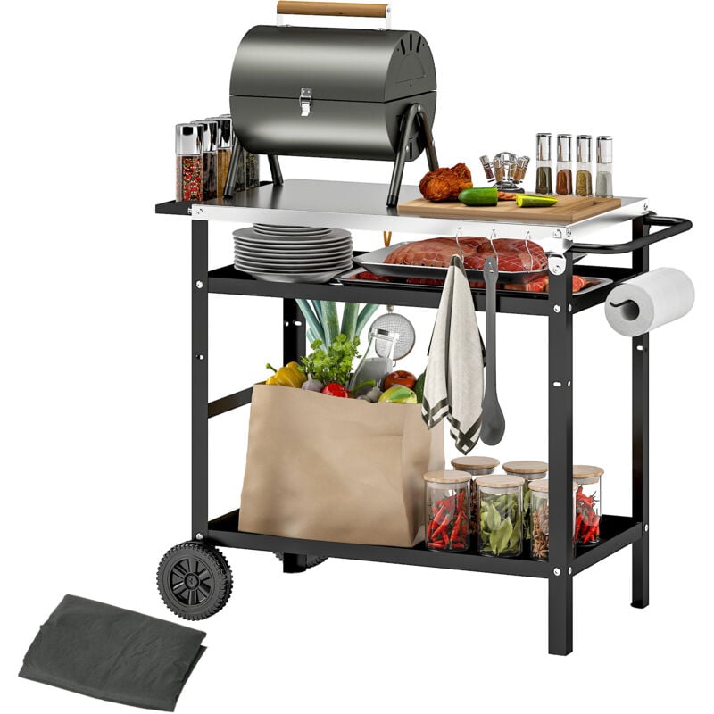 Desserte extérieure - desserte de jardin - 2 étagères, tablette condiments plateau acier inox. housse