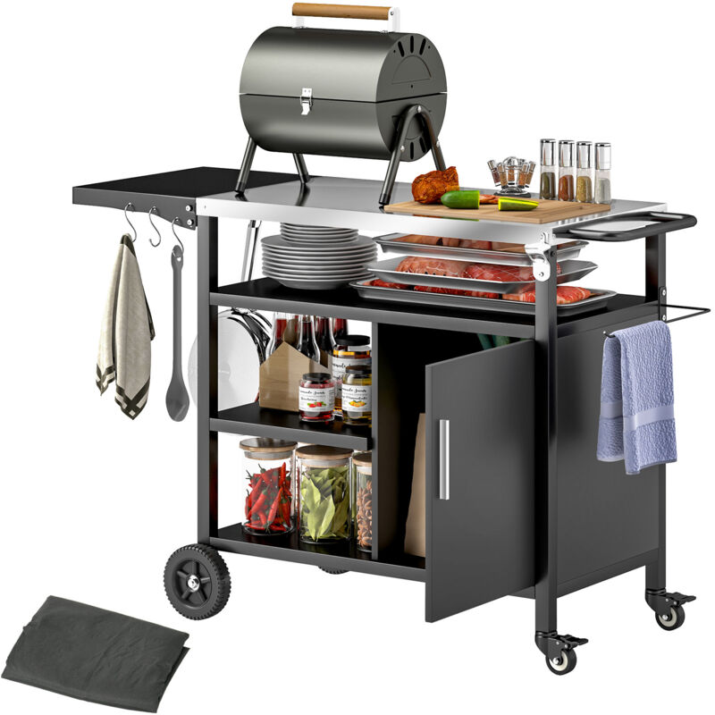 Desserte extérieure - desserte de jardin - 3 étagères, tablette rabattable, porte, plateau acier inox. housse