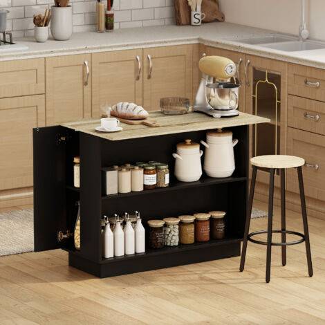 Desserte îlot de cuisine étagère réglable 2 compartiments ouverts 2 placards plan de travail effet bois 105 x 60 cm noir