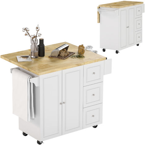 Desserte îlot de cuisineplateau rabattable 3 tiroirs 1 placard porte-torchons et porte-épices 111,5 x 75 x 89 cm blanc-Blanc