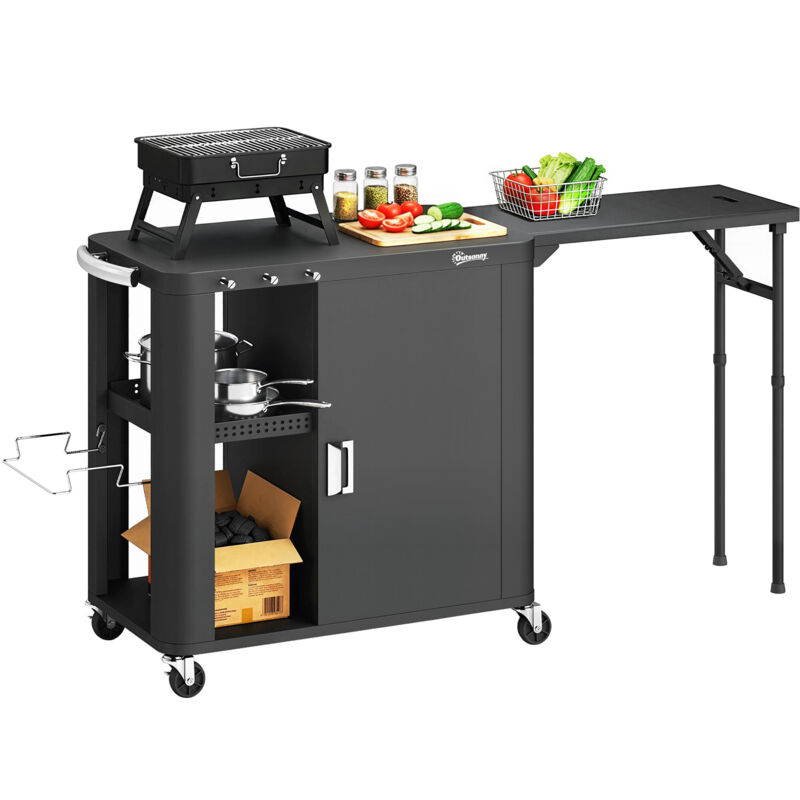 Desserte jardin - Outsunny - sur roulettes - avec table latérale pliable placard étagères porte-papier - 166 x 54 x 88 cm - noir Desserte jardin - Outsunny - sur roulettes - avec table latérale pliable placard étagères porte-papier - 166 x 54 x 88 cm - noir