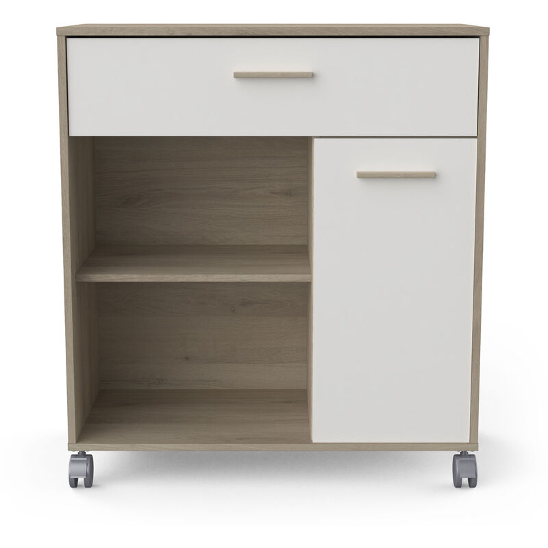 Pegane - Desserte micro-ondes pour cuisine coloris chêne kronberg, Blanc -Longueur 81 x Hauteur 90,30 x Profondeur 39,6 cm