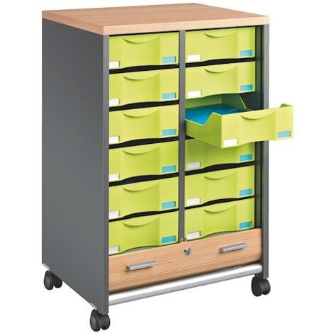 Desserte mobile anthracite - rideaux hêtre - 12 tiroirs anis - Maxiburo