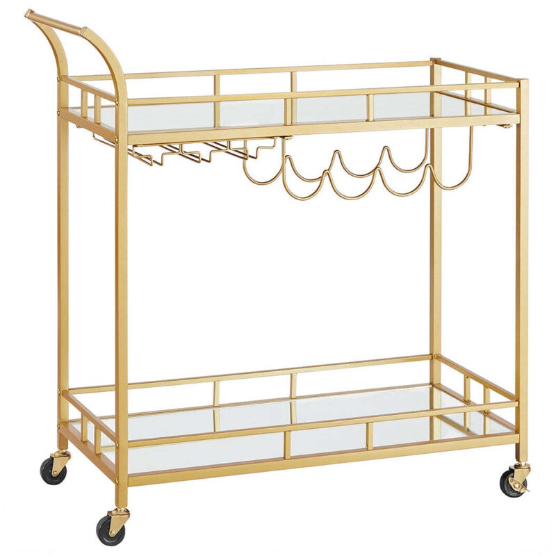 Desserte pour boissons chariot à roulettes 38 x 80 x 90 cm meuble de cuisine 2 niveaux en verre réfléchissant avec porte-bouteilles porte-verres pour