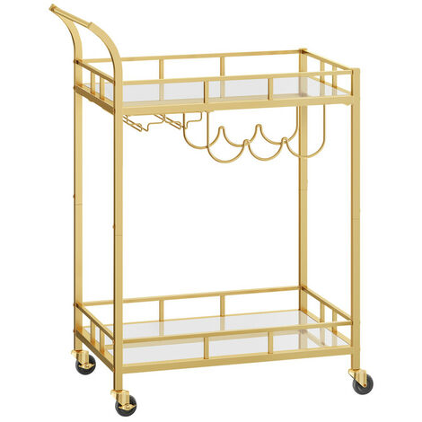 Desserte pour Boissons, Chariot à Roulettes, Meuble de Cuisine, 2 Niveaux en Verre Réfléchissant, avec Porte-bouteilles, Porte-verres, pour Bar, Cuisine, Salle à Manger, Doré