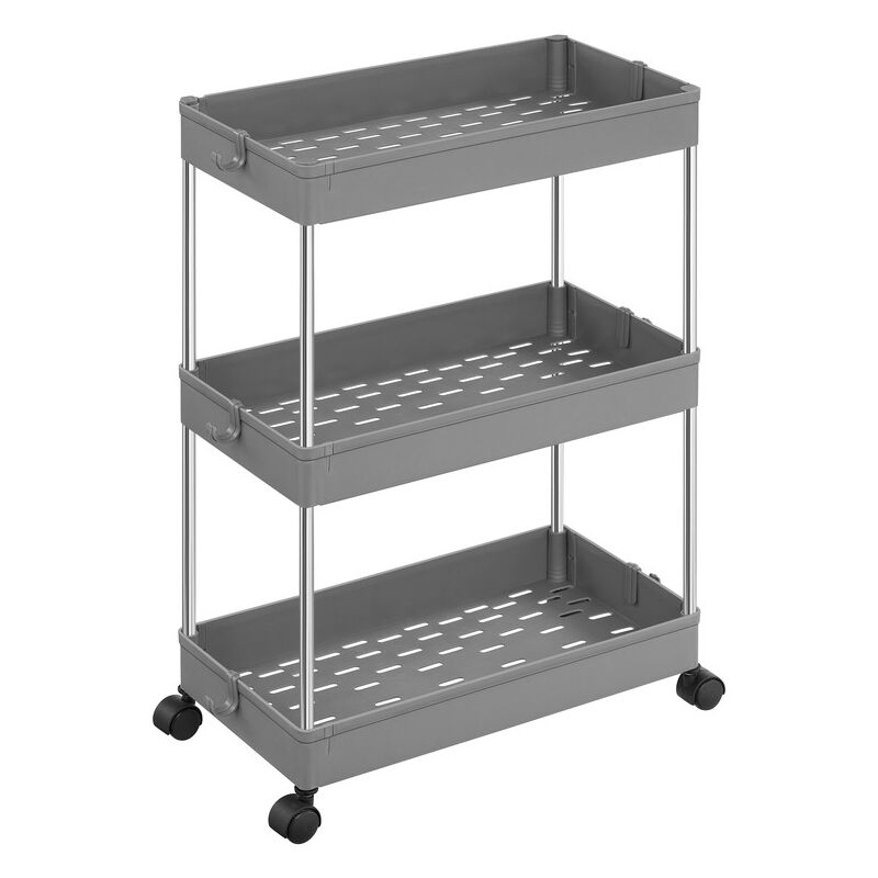 Chariot, Chariot de Cuisine à 3 Niveaux, Étagère Étroite, avec 6 Crochets, Structure en Acier, Salle de Bain, 23,6 x 42 x 60,6 cm, Gris Tourterelle