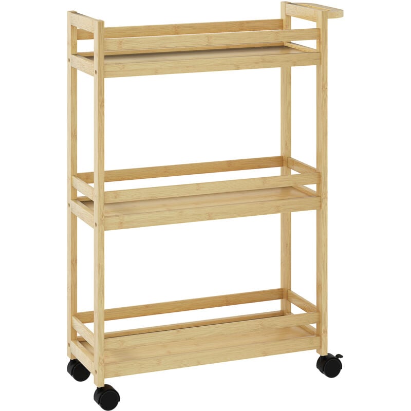 Desserte salle de bain style cosy bambou verni 3 étagères, poignée, 4 roulettes pivotantes