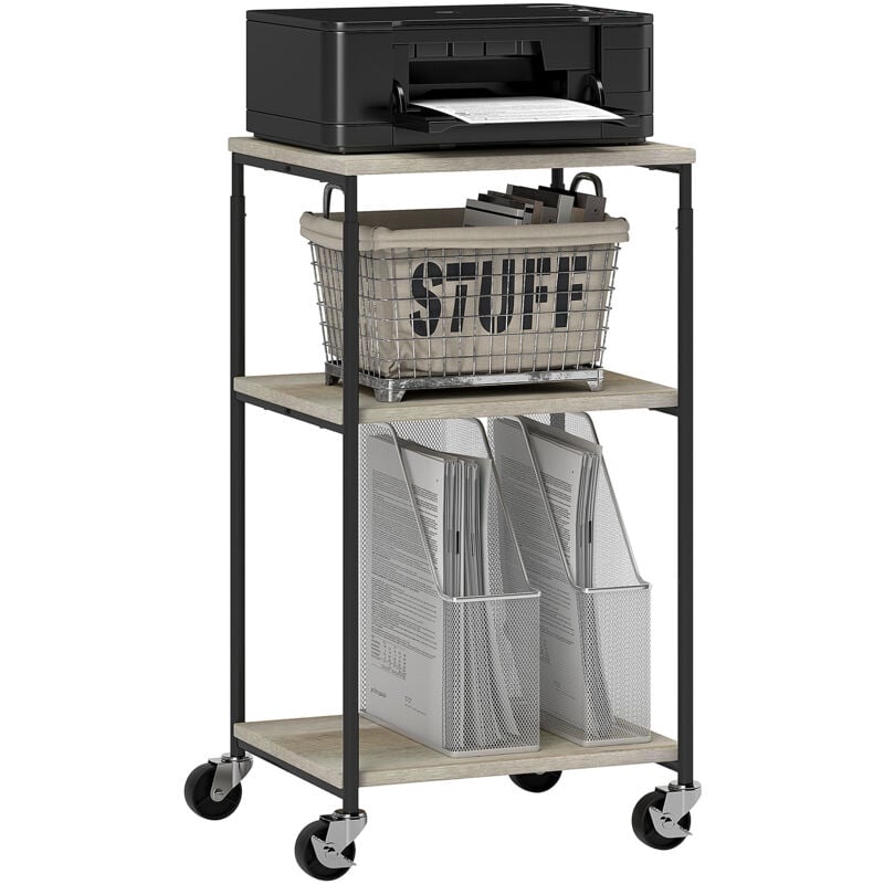 Homcom - Desserte support d'imprimante 2 étagères et plateau - hauteur réglable - acier noir aspect bois gris