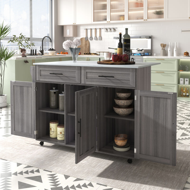 Hauss Spole – Desserte de cuisine 129x71x91,5cm – Plateau pliable en marbre – 2 tiroirs et 3 portes – Rangement optimisé avec roues souples