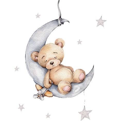 Dessin animé ours en peluche dormant sur la lune et les étoiles Stickers muraux pour chambre d'enfants décoration de chambre de bébé Stickers muraux chambre intérieur