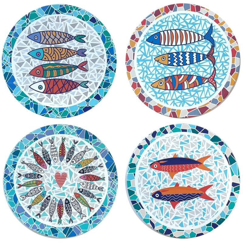 Signes Grimalt - Dessous de plat en céramique avec motif poisson Trencadis, ensemble de 4 unités pour décoration de table et cadeaux spéciaux