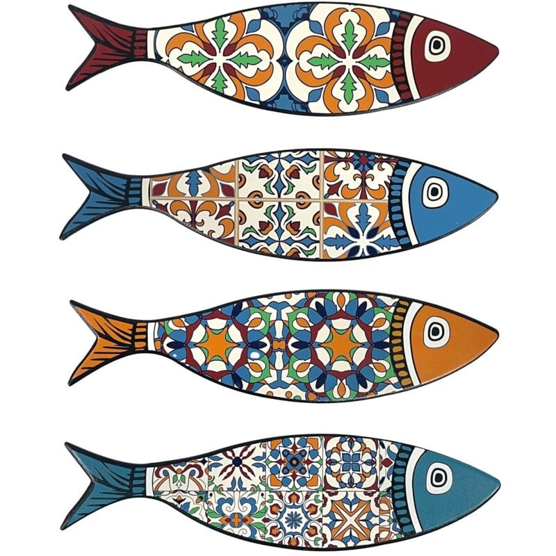 Signes Grimalt - Dessous de Plat en Céramique Poisson Multicolore pour Décoration de Table, Ensemble de 4 Unités, Style Marin et Nautique