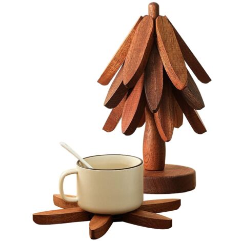 Dessous De Plat en Forme d'arbre, Arbre Dessous De Verre, Set sous Verre en Bois, 4 Dessouss Plat, 1 Support, pour Ustensiles Cuisine, Cuisinière, Poêle, Tasse, Théière, Plats Chauds, Bol, Cuisine