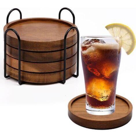Dessous de verre en bois marron avec support pour table basse, dessous de verre absorbants pour protéger le dessus de table, lot de 4