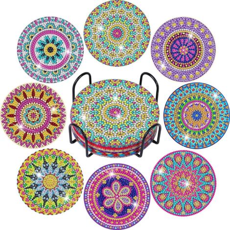 Dessous de Verre en Diamant Peinture avec Support, Lot de 8 Sous-tasses Décoratifs pour Boissons et Table