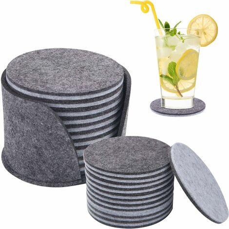 Dessous de Verre en Feutre Set de 20 sous-Verres Rond avec Boîte de Rangement, 10cm, Tapis de Table résistants à la Chaleur et lavables pour Mugs,Tasses, Verres,Gris clairs, kueatily