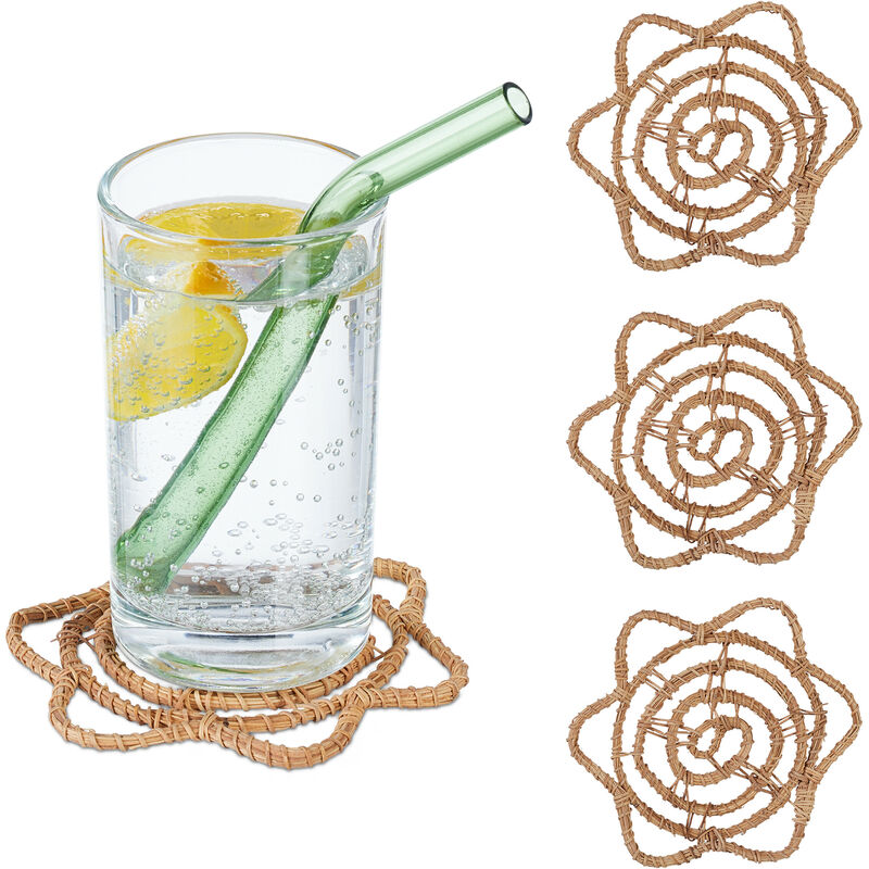 Relaxdays Dessous de verre, lot de 4, feuille de palmier, pour tasses & jarres, design bohème, LxP : 10x10 cm, nature