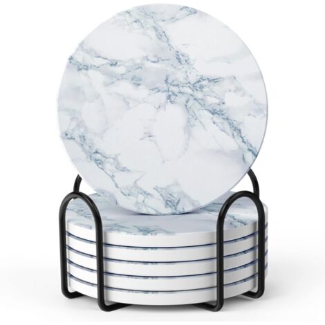 Dessous de verre, lot de 6 avec support, dessous de verre en céramique absorbante et antidérapante pour la maison, le café et les bars - Dessous de verre motif marbre blanc