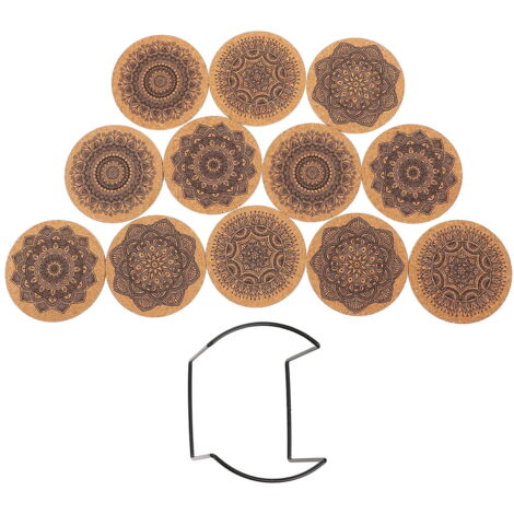 Dessous de Verre Mandala en Bois avec Support 10 cm, Lot de 12 Ronds Isolants pour Tasse, Mug et Table