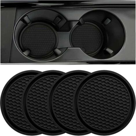 Dessous de verre pour voiture, ensemble de 4 porte-gobelets universels antidérapants avec dessous de verre décoratif en silicone intégré, accessoires intérieurs de voiture, noir.