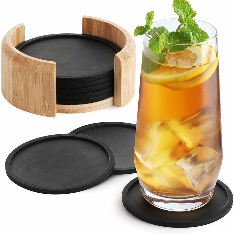 Dessous de Verre Silicone rond pour verres - set de 8. Sous-bock design en verre noir pour boissons, tasses, bar, verre - Sous-verre de table en
