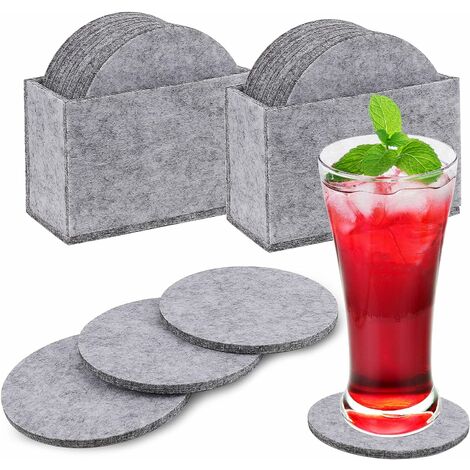 Dessous de Verres en Feutre sous-Verres Ronds Antidérapant et Absorbant Table Cuisine Coaster Set avec Boîte de Rangement pour Boissons, Tasses, Mugs, Verres Lot de 16 (Gris Clair)