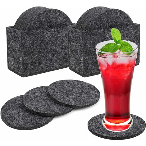 Dessous de Verres en Feutre sous-Verres Ronds Antidérapant et Absorbant Table Cuisine Coaster Set avec Boîte de Rangement pour Boissons, Tasses, Mugs, Verres Lot de 16 (Gris Foncé)