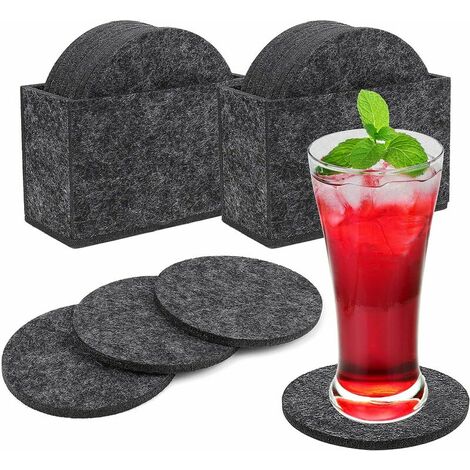 Dessous de Verres en Feutre sous-Verres Ronds Antidérapant et Absorbant Table Cuisine Coaster Set avec Boîte de Rangement pour Boissons, Tasses, Mugs, Verres Lot de 16 (Gris Foncé)