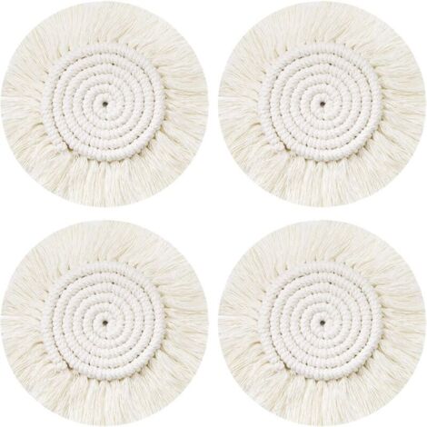 Dessous Verre Napperon Tissé Main, 4Pcs Ronds sous-Verres Tressé Coaster Macrame, Boho Tapis de Café Boisson Bière Tasse Table An