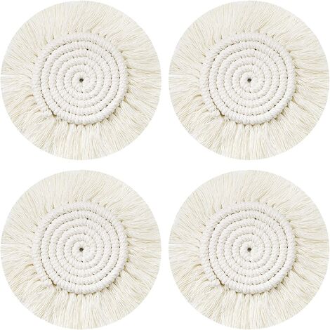 Dessous Verre Napperon Tissé Main, 4Pcs Ronds sous-Verres Tressé Coaster Macrame, Boho Tapis de Café Boisson Bière Tasse Table Antidérapant Résistantes à la Chaleur Décoration de Table