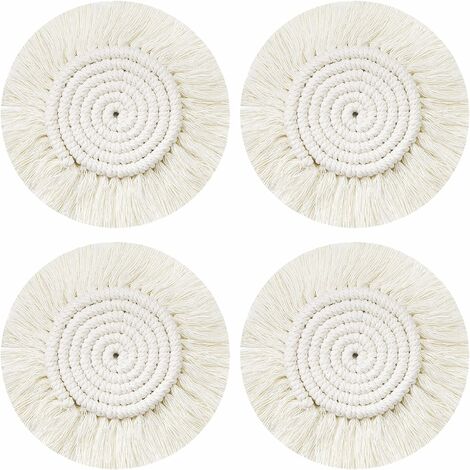 Dessous Verre Napperon Tissé Main, 4Pcs Ronds sous-Verres Tressé Coaster Macrame, Boho Tapis de Café Boisson Bière Tasse Table Antidérapant Résistantes à la Chaleur Décoration de Table