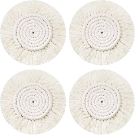 Dessous Verre Napperon Tissé Main, 4Pcs Ronds sous-Verres Tressé Coaster Macrame, Boho Tapis de Café Boisson Bière Tasse Table Antidérapant Résistantes à la Chaleur Décoration de Table