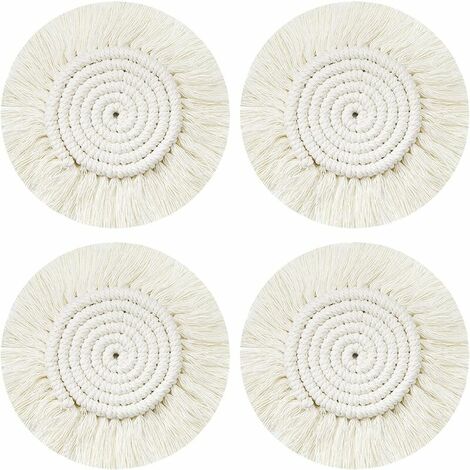 Dessous Verre Napperon Tissé Main, 4Pcs Ronds sous-Verres Tressé Coaster Macrame, Boho Tapis de Café Boisson Bière Tasse Table Antidérapant Résistantes à la Chaleur Décoration de Table,HANBING