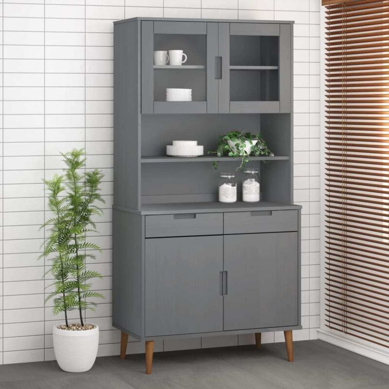 Vidaxl – Dessus de buffet gris 90x35x100 cm – Bois massif de pin – 3 étagères et 2 portes vitrées – Finition vernis UV