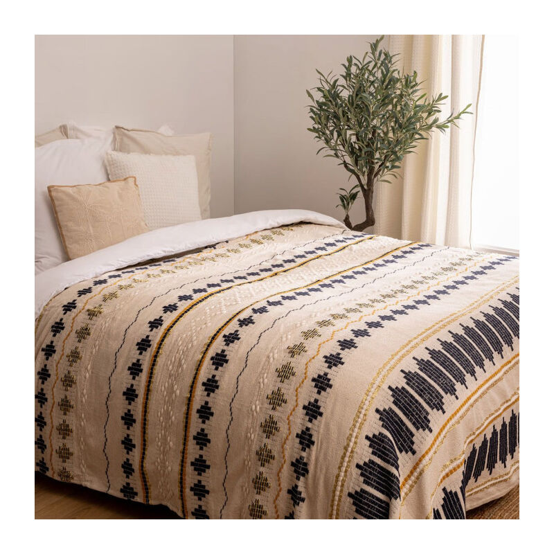 Dessus de Lit à Pompons 'Jacquard' 240x260cm Beige