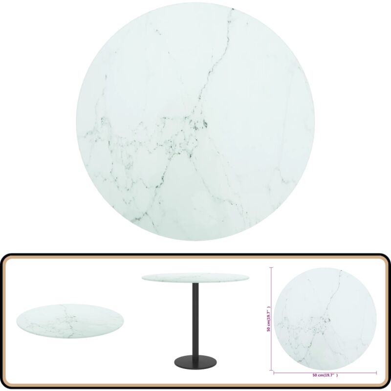 Dessus de table blanc Ø50x0,8cm verre trempé avec design marbre - Dessus De Table En Verre Trempé - Plateau De Table - Décoration Intérieure - Meuble