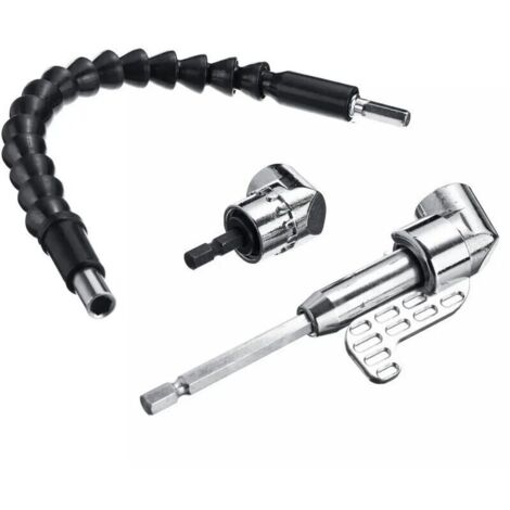 Destornillador de extensión angular de 105° con vástago hexagonal de 1/4″ y eje flexible de 300 mm: herramienta profesional para un apriete preciso.